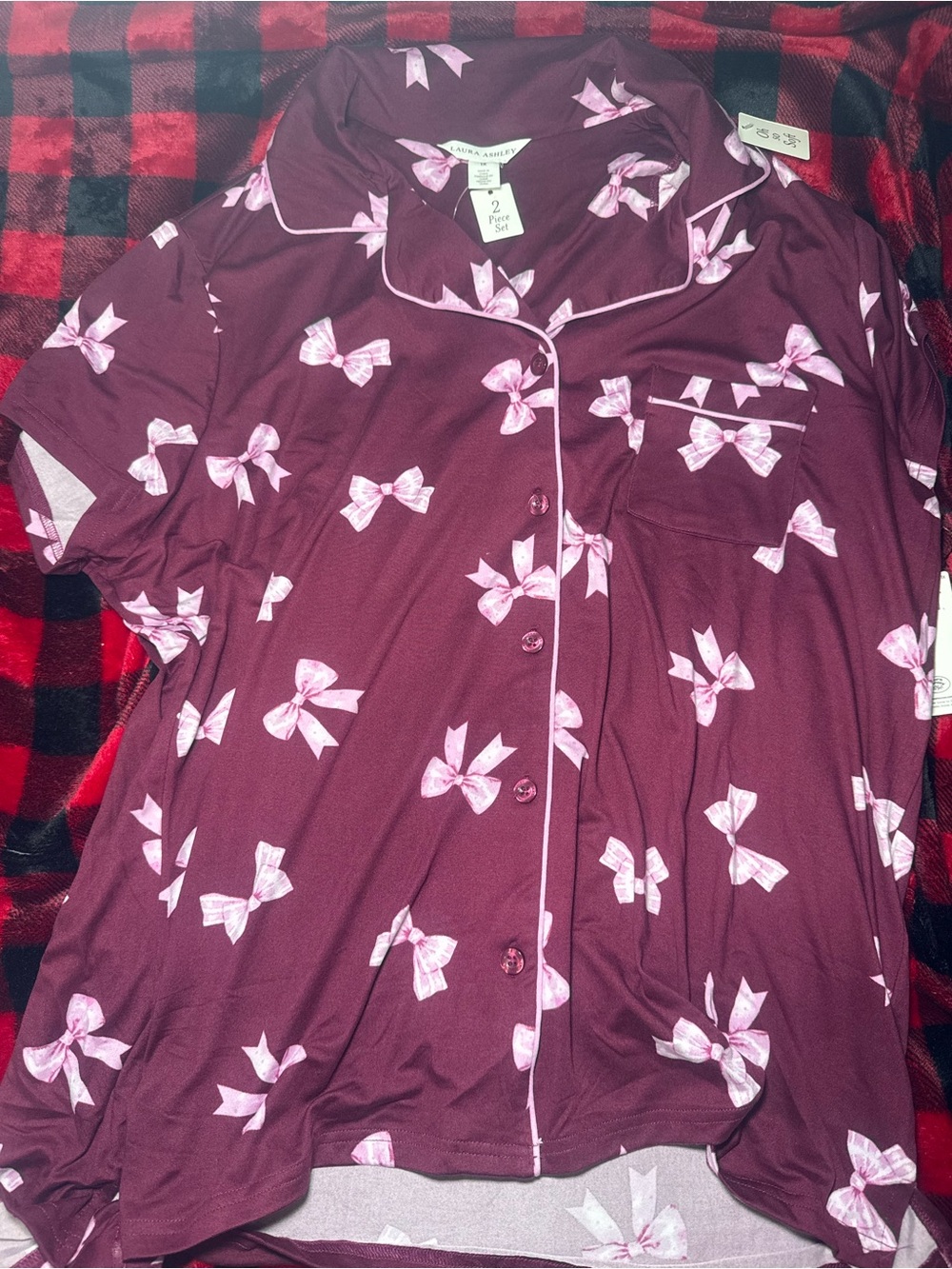 Laura Ashley Maroon Pajama Top with Pink Bow Print 2 Piece Set